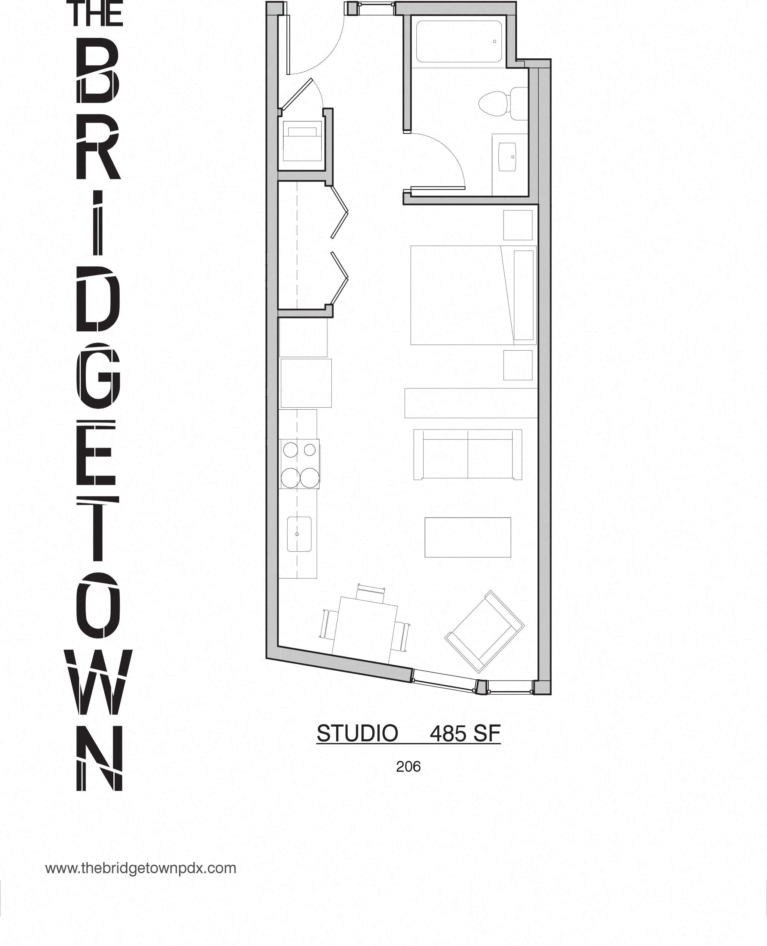 Floor plan for studio, 1 bath, 485 sqft